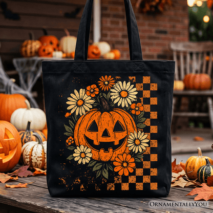 Checkered Floral Pumpkin Tote Bag, Retro Preppy Halloween Gift Shopper for Spooky Season Vibes