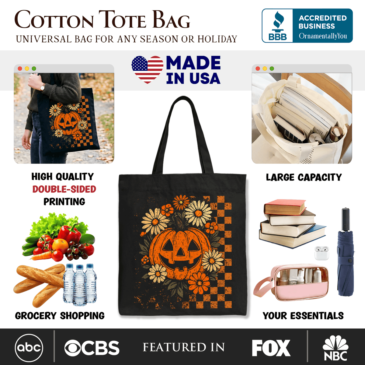Checkered Floral Pumpkin Tote Bag, Retro Preppy Halloween Gift Shopper for Spooky Season Vibes