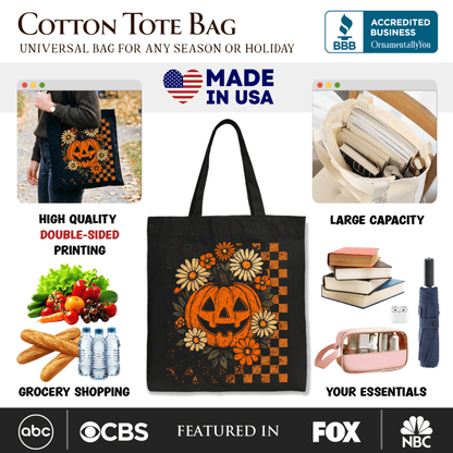 Checkered Floral Pumpkin Tote Bag, Retro Preppy Halloween Gift Shopper for Spooky Season Vibes