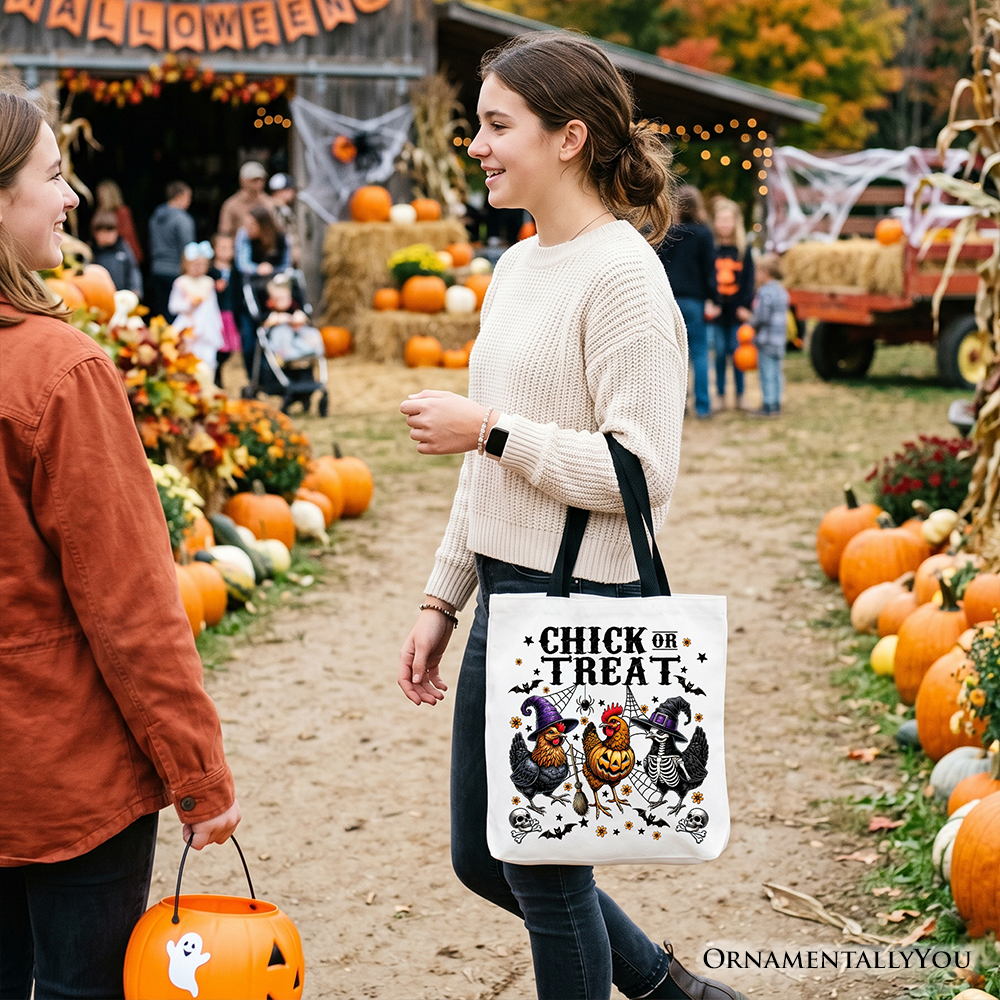 Chick or Treat Chicken Tote Bag, Funny Farmhouse Halloween Gift Shopper