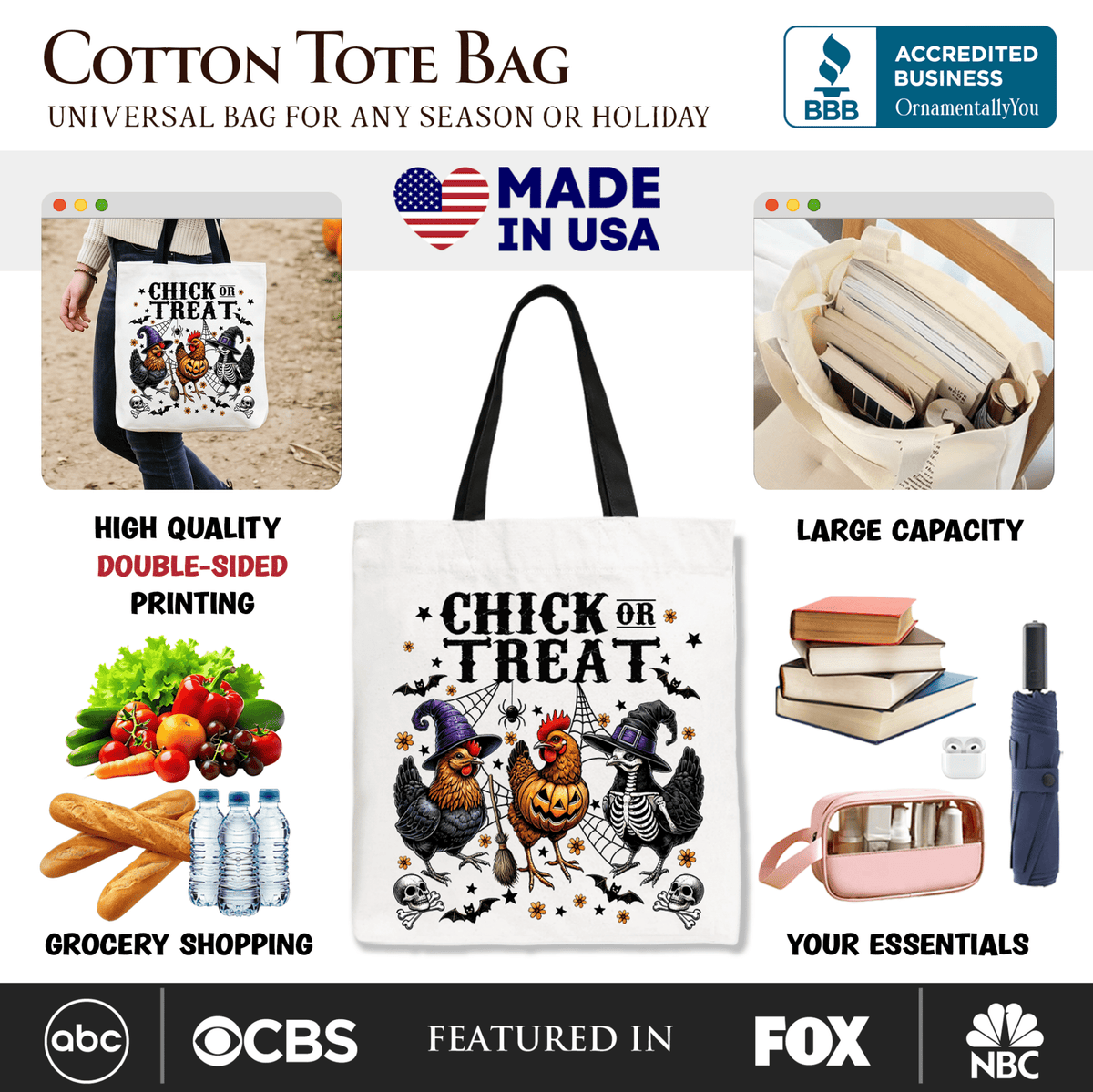 Chick or Treat Chicken Tote Bag, Funny Farmhouse Halloween Gift Shopper