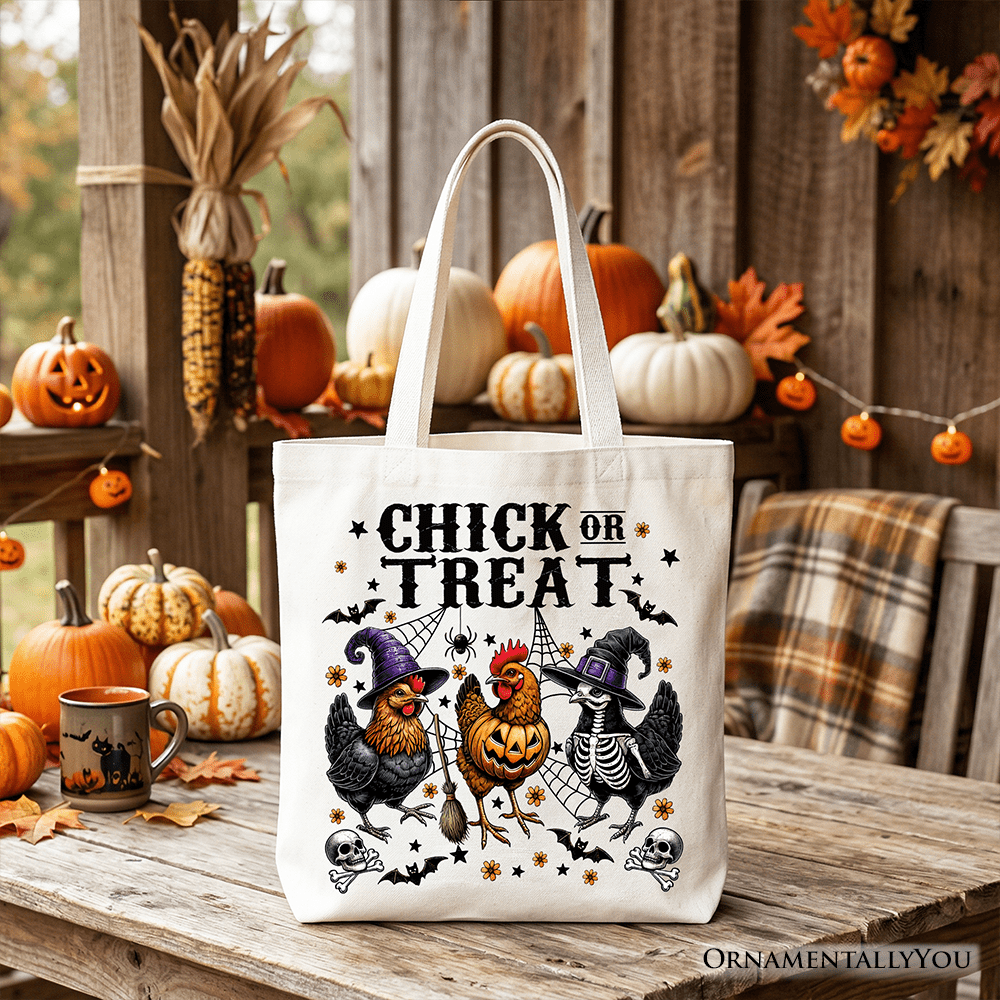 Chick or Treat Chicken Tote Bag, Funny Farmhouse Halloween Gift Shopper