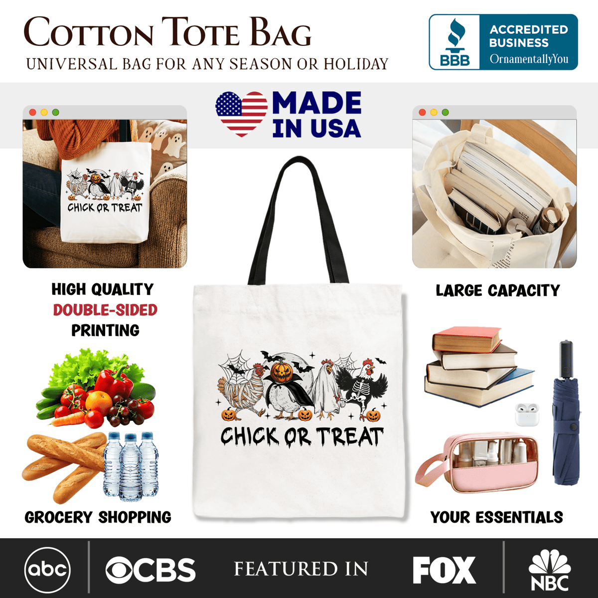 Chick or Treat Spooky Tote Bag, Halloween Chicken Gift Shopper for Country Life Enjoyers