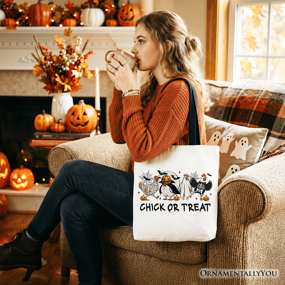 Chick or Treat Spooky Tote Bag, Halloween Chicken Gift Shopper for Country Life Enjoyers
