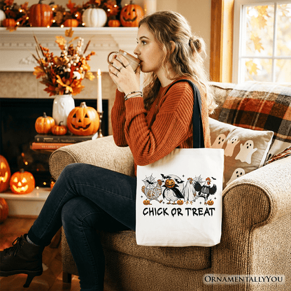 Chick or Treat Spooky Tote Bag, Halloween Chicken Gift Shopper for Country Life Enjoyers