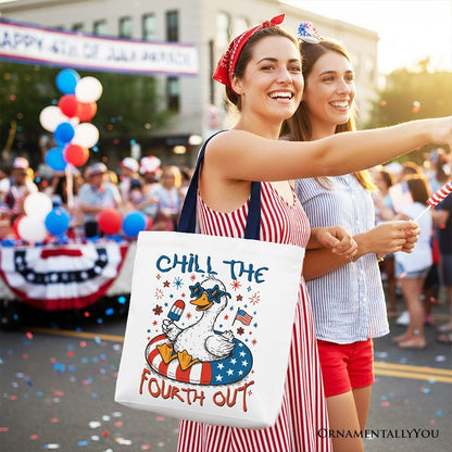 Chill The Fourth Out Goose Canvas Tote Bag, Funny Patriotic 4th of July Gift Shopper