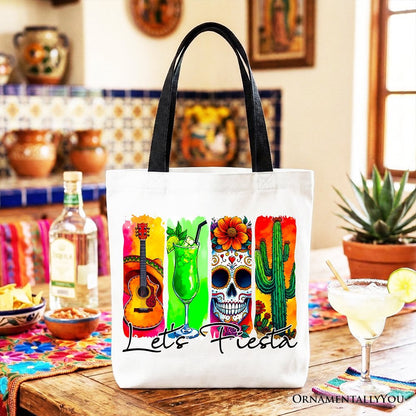 Cinco De Mayo Brushstroke Mexican Tote Bag, Let’s Fiesta Guitar Margarita Skull Cactus Gift Shopper