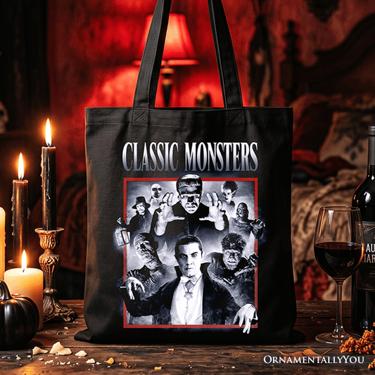 Classic Monsters Black and White Tote Bag, Retro Vintage Horror Gift Shopper