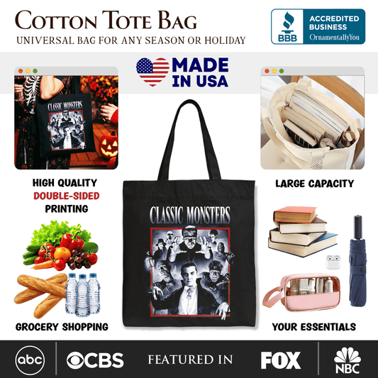 Classic Monsters Black and White Tote Bag, Retro Vintage Horror Gift Shopper