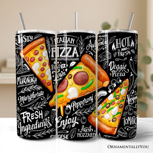 Classic Pizza Slice Doodle 20oz Personalized Tumbler With Lid and Stainless Steel Straw, Italian Pizzeria Chalk Art Gift Cup