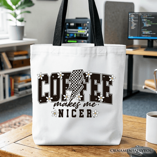Coffee Makes Me Nicer Retro Tote Bag, Trendy Gift Shopper for Stylish Women and Caffeine Lovers