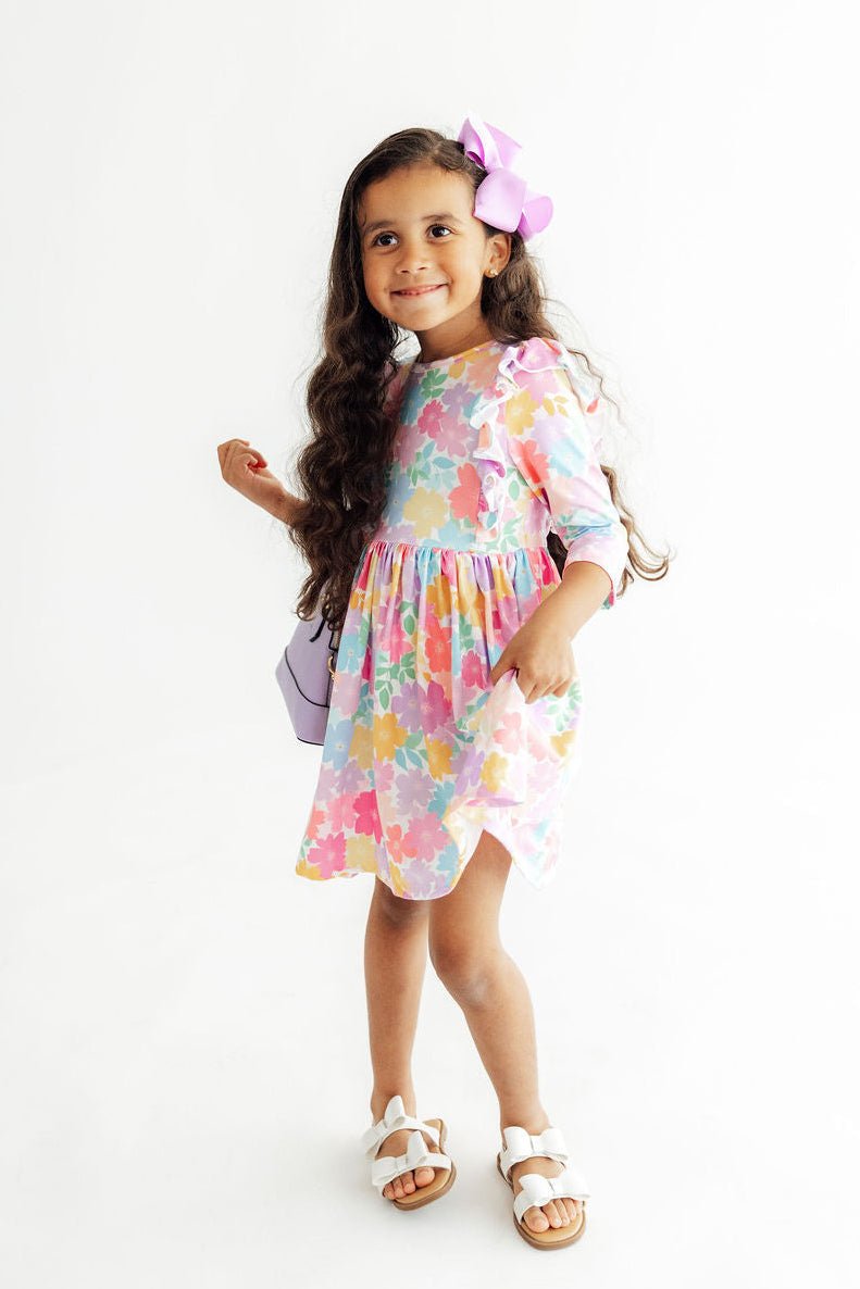 Colorful Carnations 3/4 Sleeve Ruffle Twirl Dress