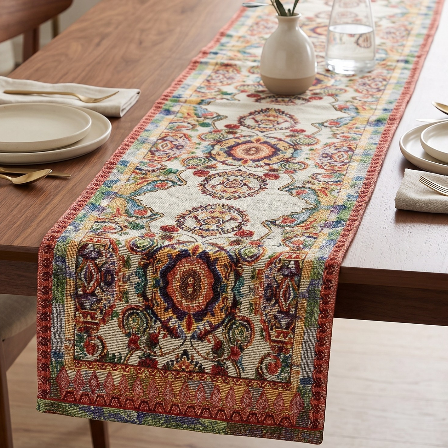 Tache Elegant Ivory Colorful Ornate Paisley Woven Tapestry Table Runner (18193)