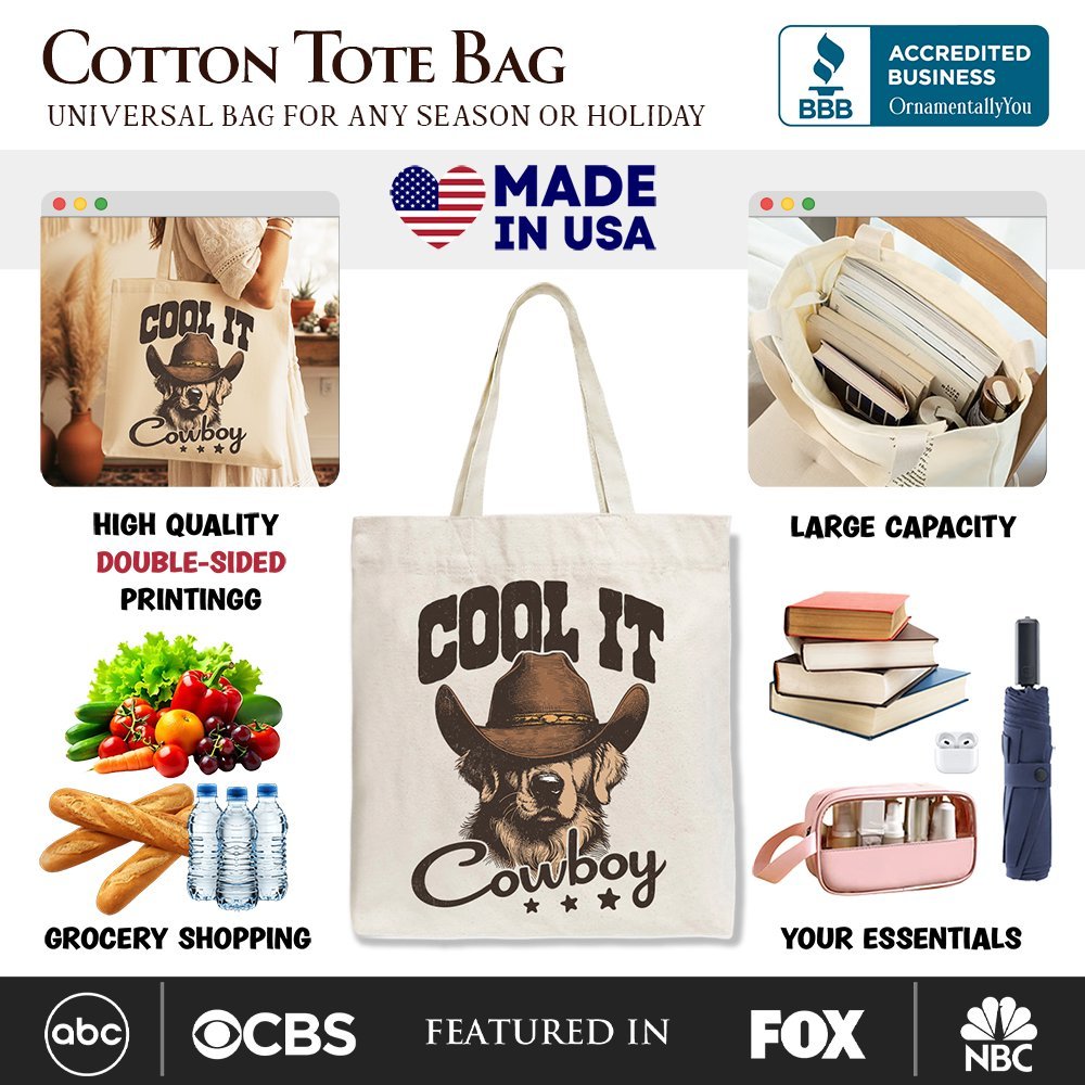 Cool It Cowboy Canvas Tote Bag With Western Dog, Retro Golden Retriever Gift Shopper for Country Lover
