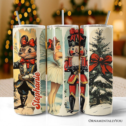 Coquette Ballet and Nutcracker 20oz Personalized Tumbler With Lid and Stainless Steel Straw, Christmas Bow and Mouse Vintage Gift Cup