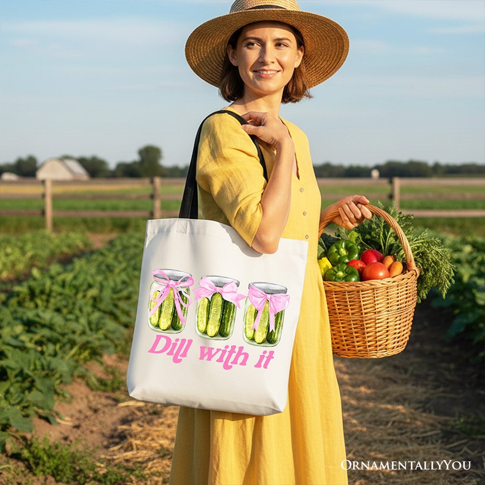 Coquette Dill With It Funny Canvas Tote Bag, Pink Bow Pickle Lover Gift Shopper for Cute and Quirky Style Fans