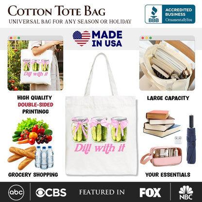 Coquette Dill With It Funny Canvas Tote Bag, Pink Bow Pickle Lover Gift Shopper for Cute and Quirky Style Fans