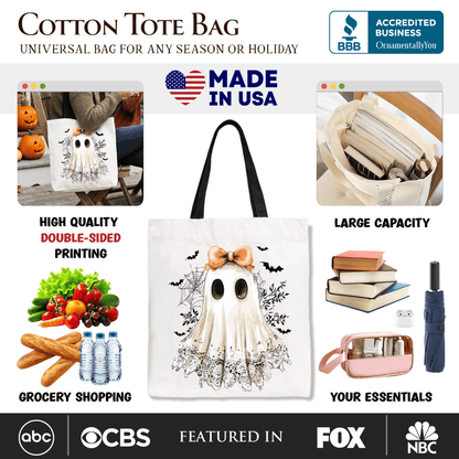 Coquette Ghost Tote Bag, Cute Halloween Gift Shopper for Girly Ghouls