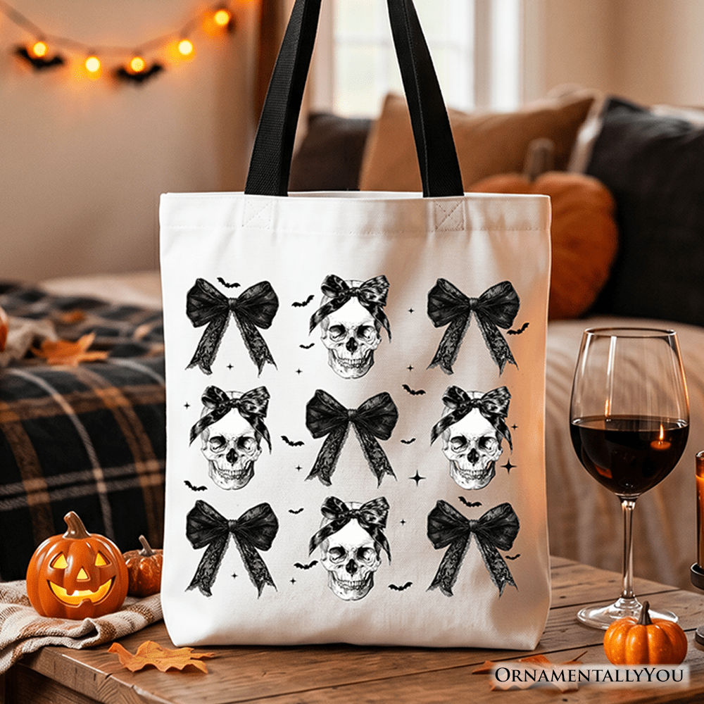Coquette Skulls and Bows Tote Bag, Gothic Halloween Gift Shopper for Stylish Women