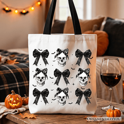 Coquette Skulls and Bows Tote Bag, Gothic Halloween Gift Shopper for Stylish Women