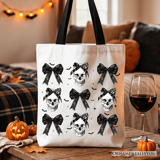 Coquette Skulls and Bows Tote Bag, Gothic Halloween Gift Shopper for Stylish Women