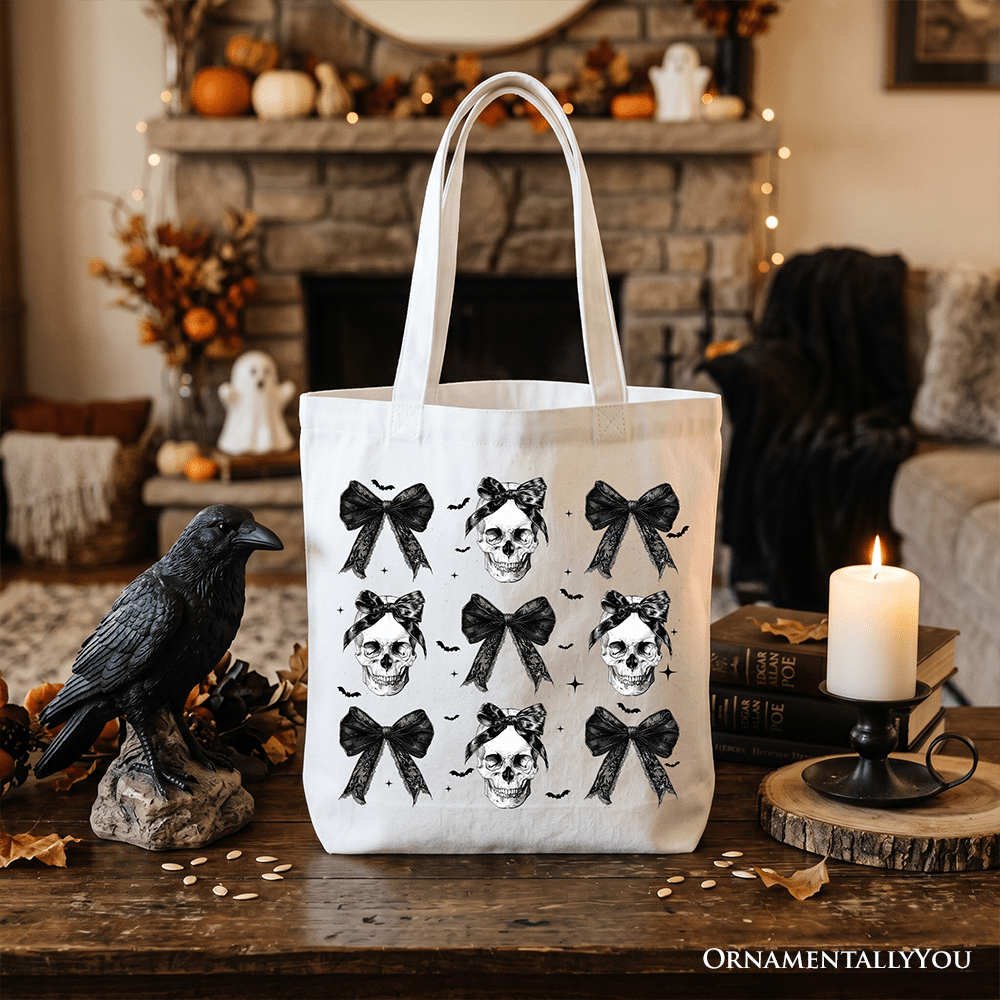 Coquette Skulls and Bows Tote Bag, Gothic Halloween Gift Shopper for Stylish Women