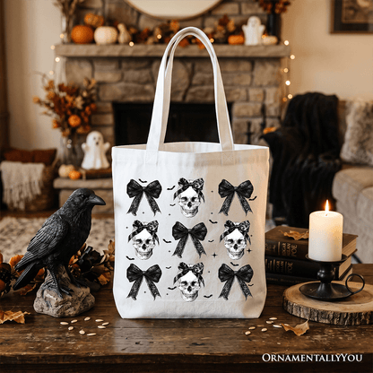 Coquette Skulls and Bows Tote Bag, Gothic Halloween Gift Shopper for Stylish Women