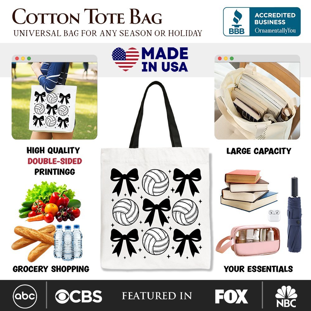 Coquette Volleyball Bows Canvas Tote Bag, Cute Athletic Sports Game Day Gift Shopper