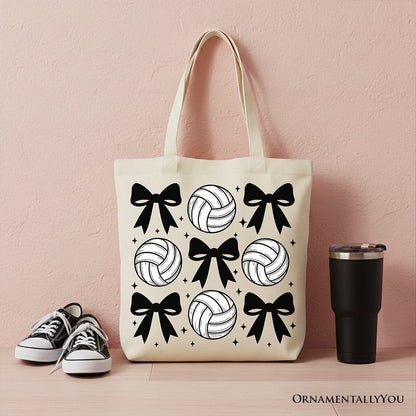 Coquette Volleyball Bows Canvas Tote Bag, Cute Athletic Sports Game Day Gift Shopper