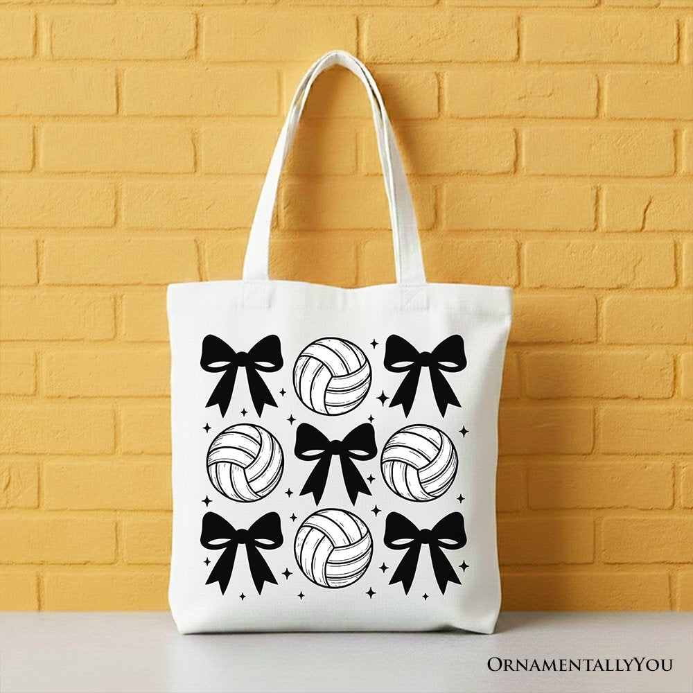 Coquette Volleyball Bows Canvas Tote Bag, Cute Athletic Sports Game Day Gift Shopper