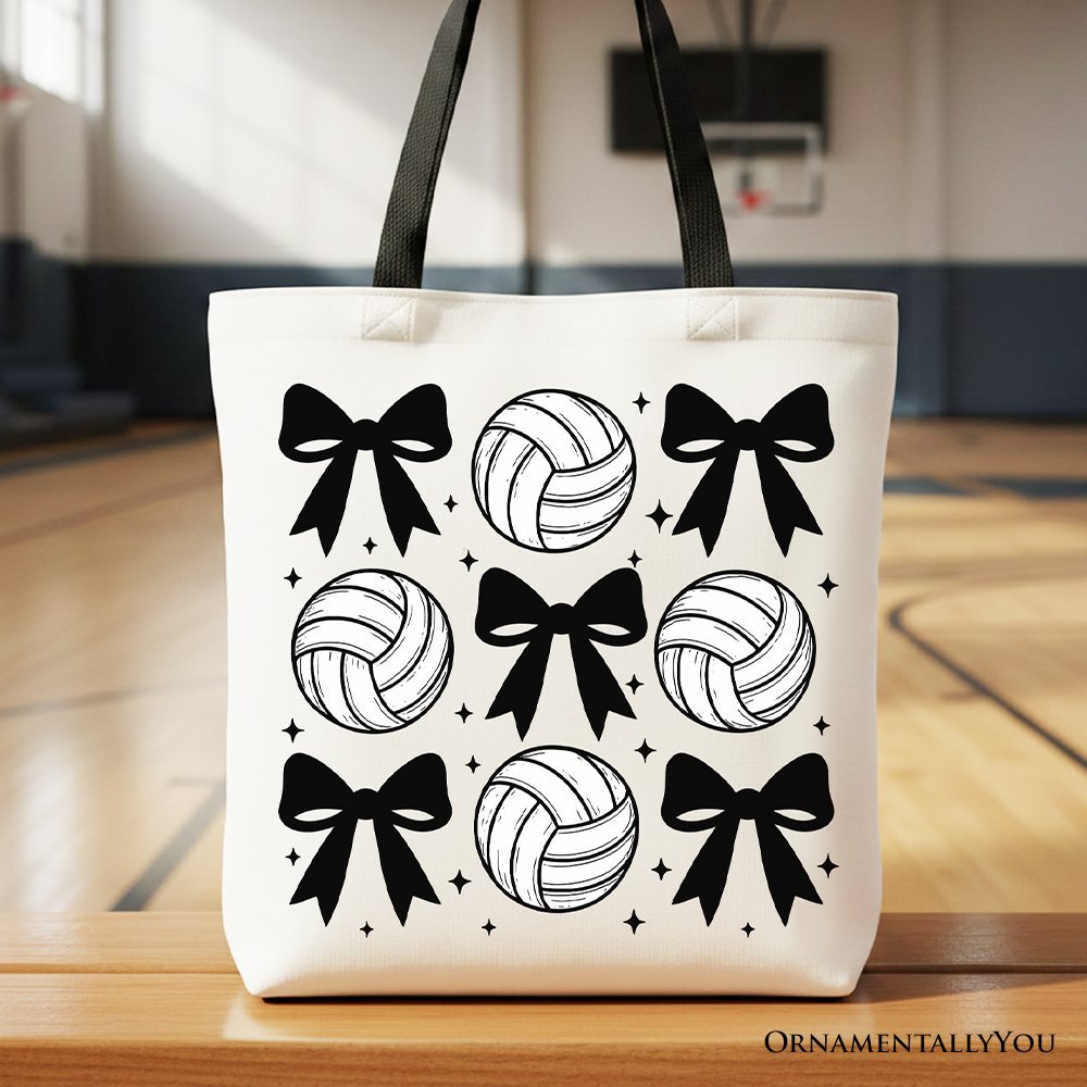 Coquette Volleyball Bows Canvas Tote Bag, Cute Athletic Sports Game Day Gift Shopper