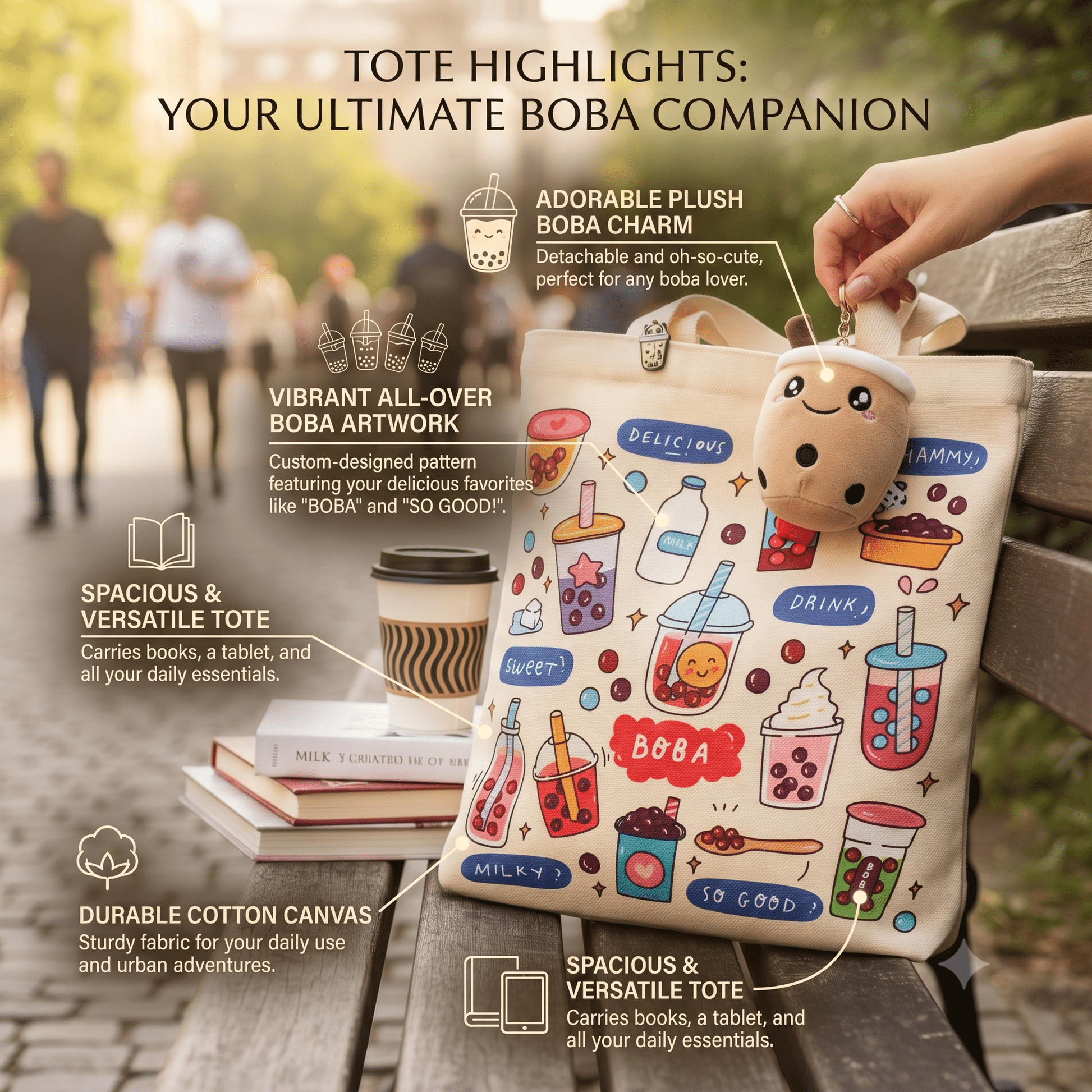 Cream Boba Tote Bag – Cute Gift with Keychain & Enamel Pin