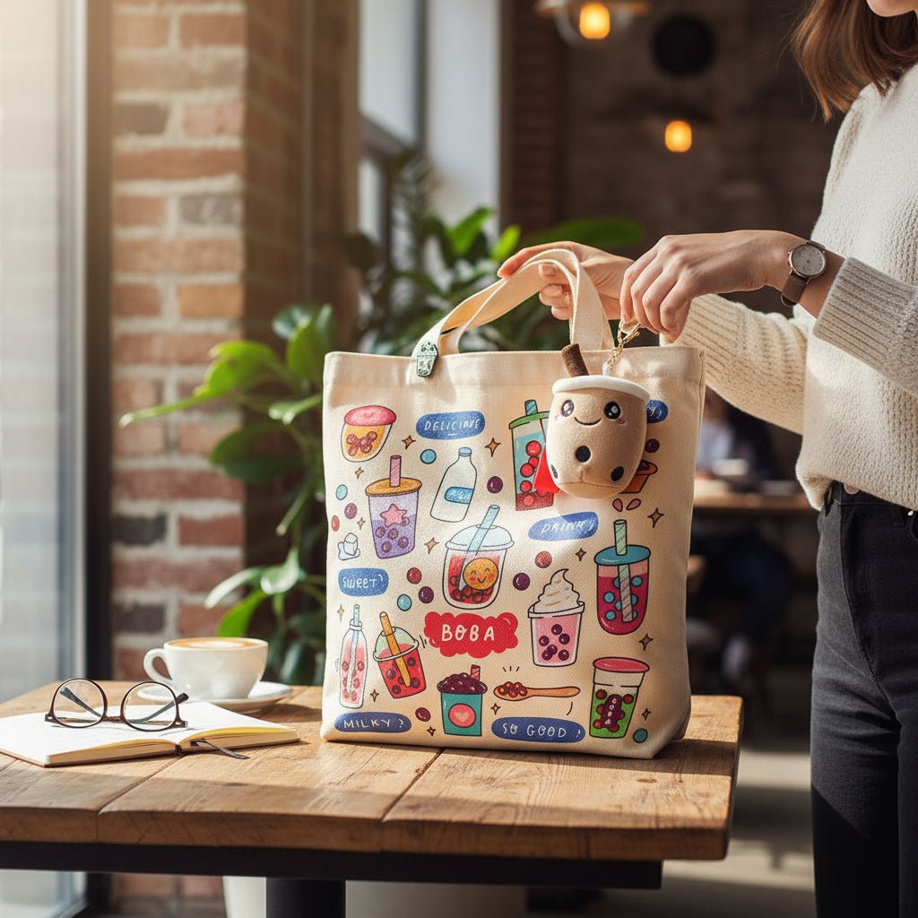 Cream Boba Tote Bag – Cute Gift with Keychain & Enamel Pin