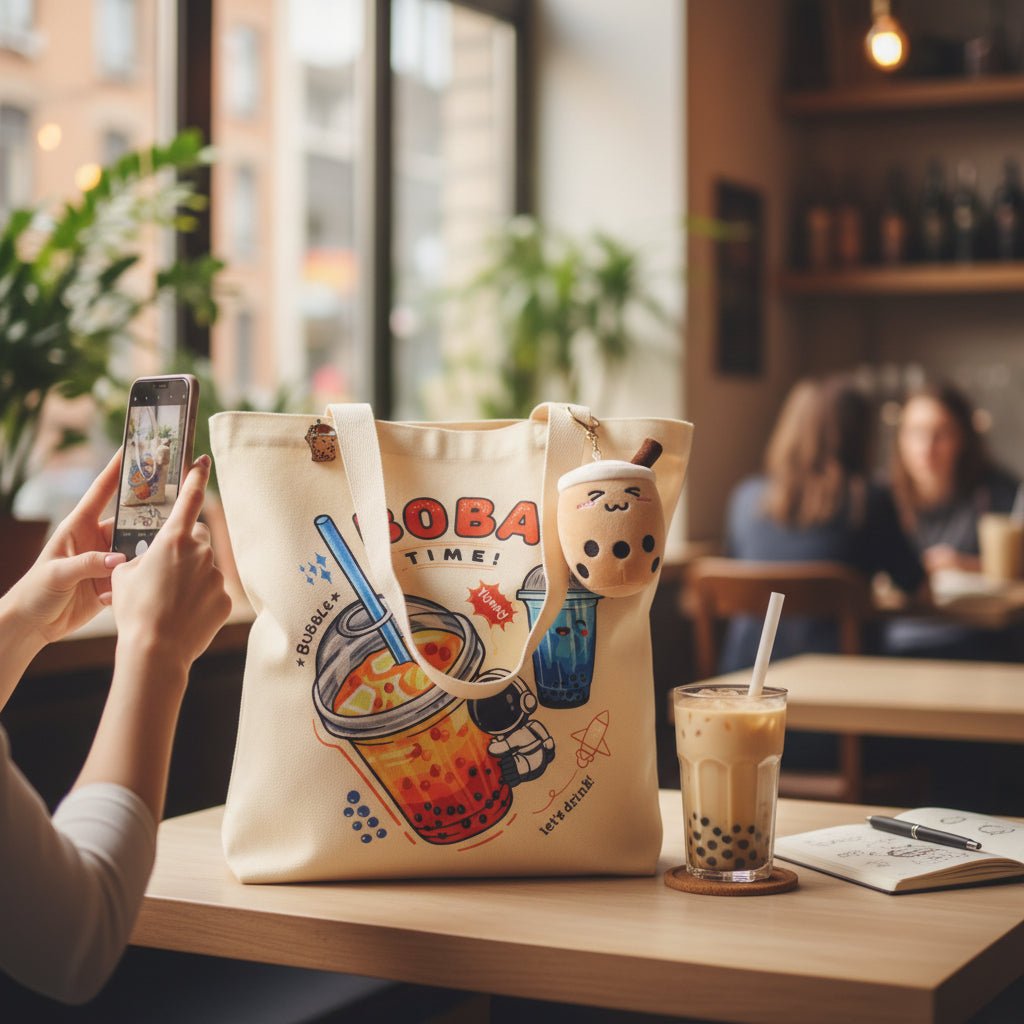 Cream Boba Tote Bag – Cute Gift with Keychain & Enamel Pin