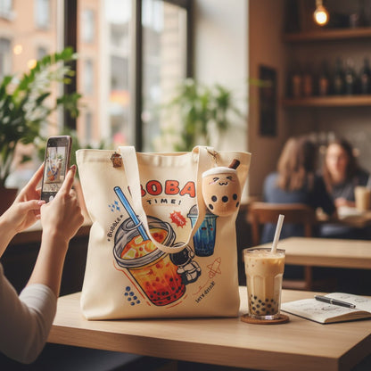 Cream Boba Tote Bag – Cute Gift with Keychain & Enamel Pin