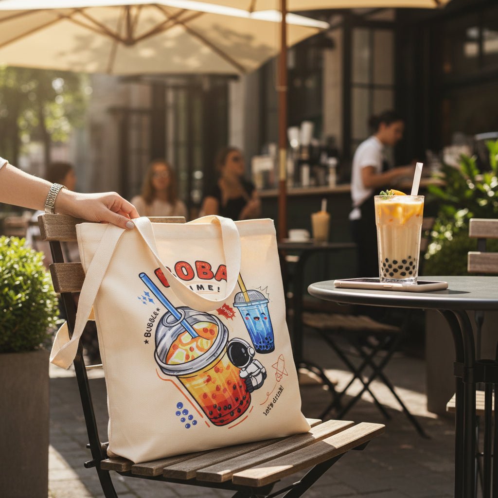 Cream Boba Tote Bag – Cute Gift with Keychain & Enamel Pin