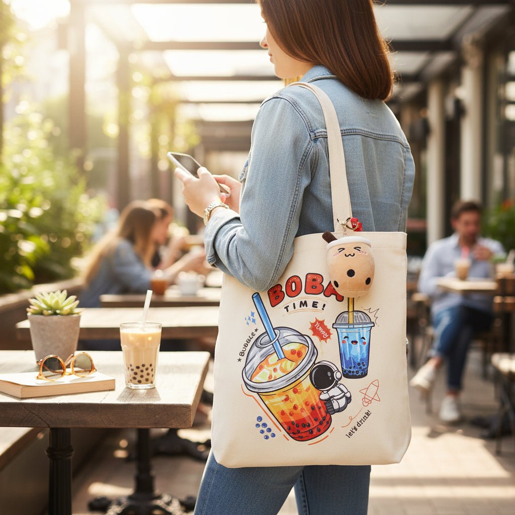 Cream Boba Tote Bag – Cute Gift with Keychain & Enamel Pin