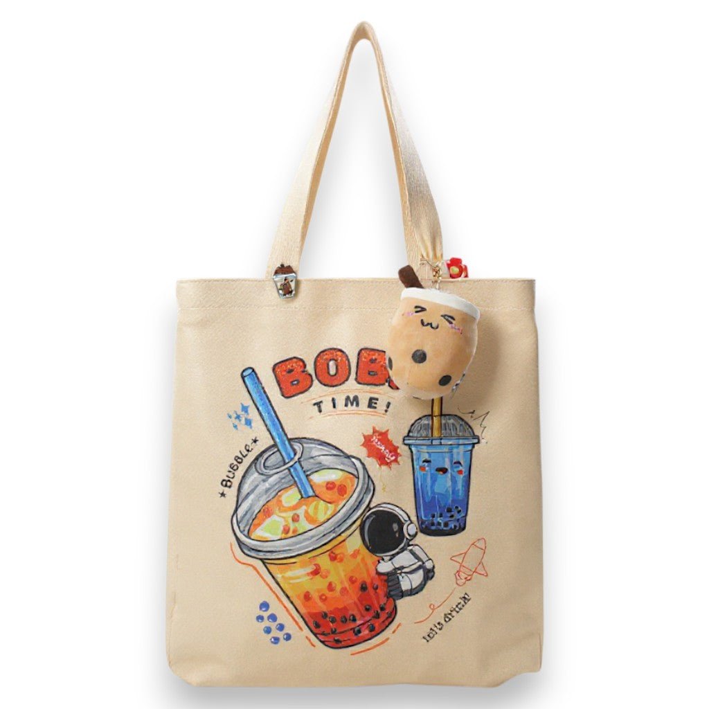 Cream Boba Tote Bag – Cute Gift with Keychain & Enamel Pin