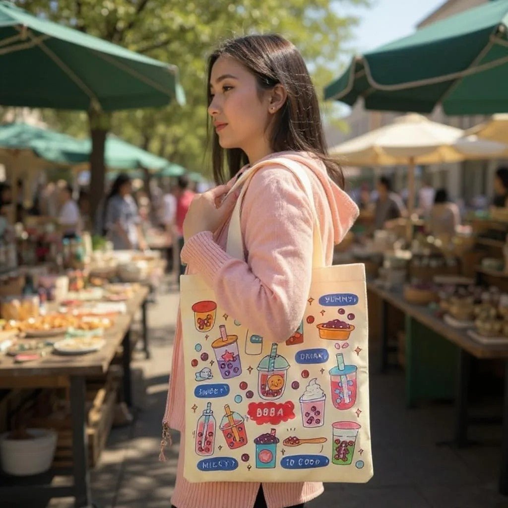 Cream Boba Tote Bag – Cute Gift with Keychain & Enamel Pin