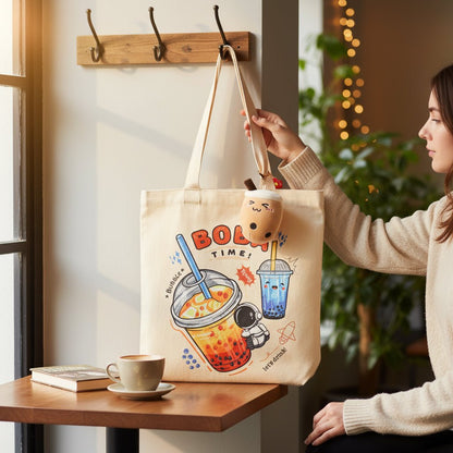 Cream Boba Tote Bag – Cute Gift with Keychain & Enamel Pin