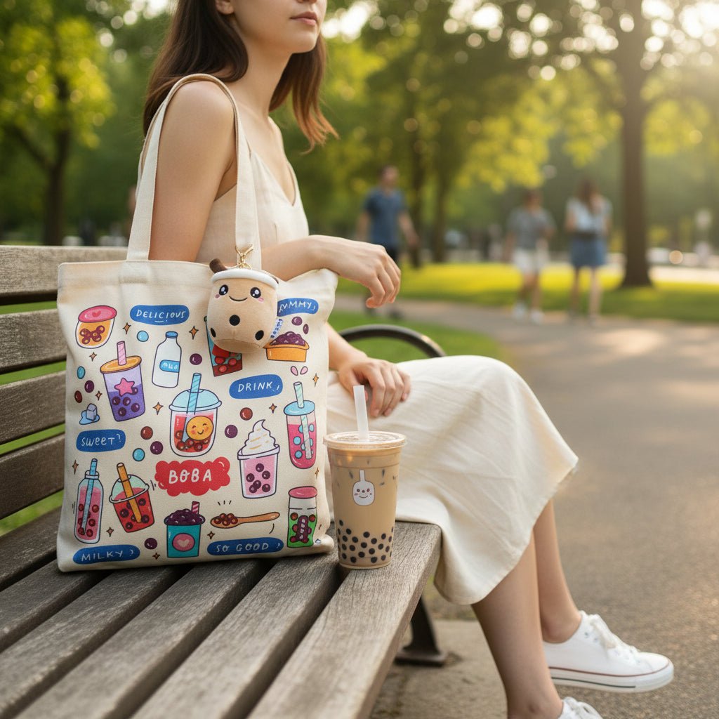 Cream Boba Tote Bag – Cute Gift with Keychain & Enamel Pin