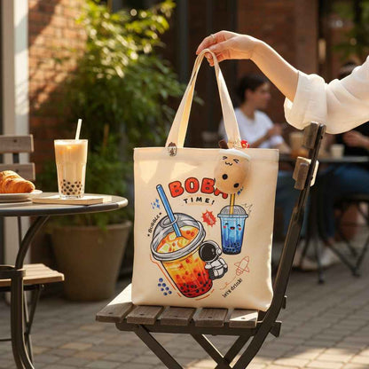 Cream Boba Tote Bag – Cute Gift with Keychain & Enamel Pin