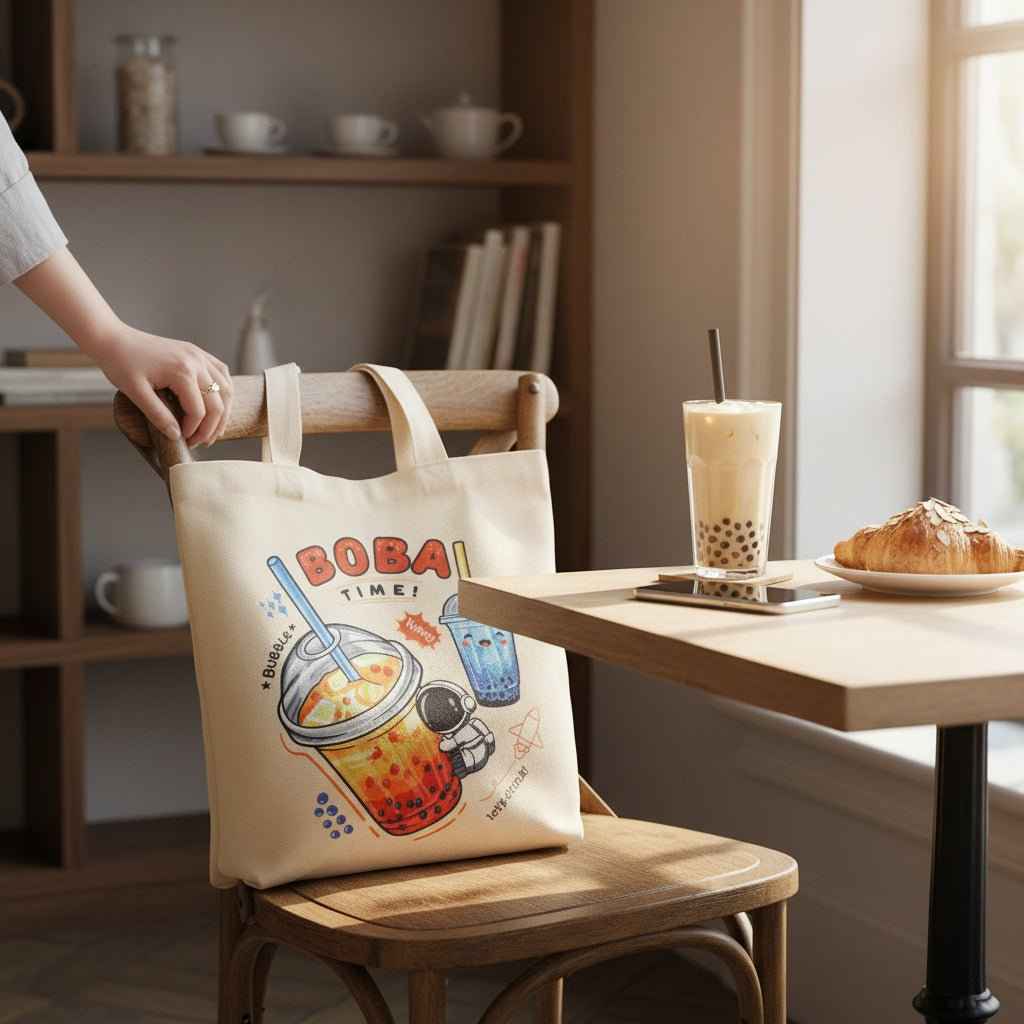 Cream Boba Tote Bag – Cute Gift with Keychain & Enamel Pin