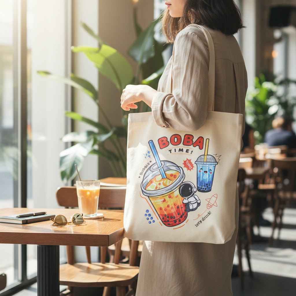 Cream Boba Tote Bag – Cute Gift with Keychain & Enamel Pin