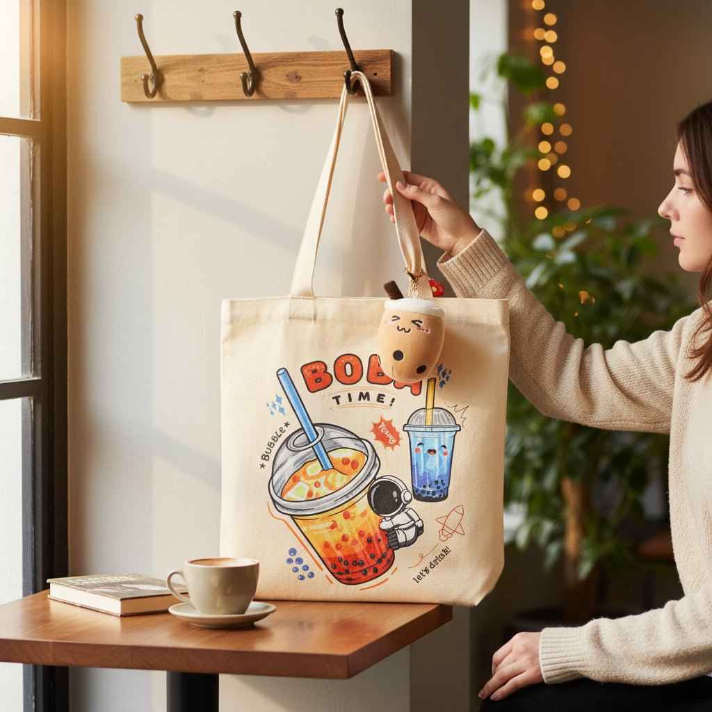Cream Boba Tote Bag – Cute Gift with Keychain & Enamel Pin