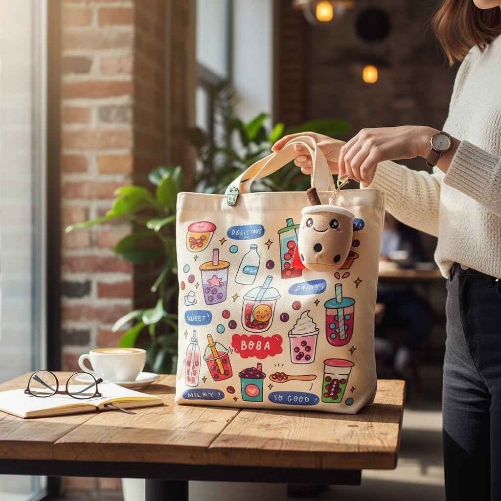 Cream Boba Tote Bag – Cute Gift with Keychain & Enamel Pin