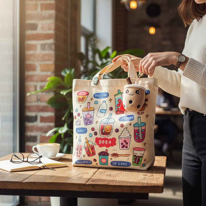 Cream Boba Tote Bag – Cute Gift with Keychain & Enamel Pin