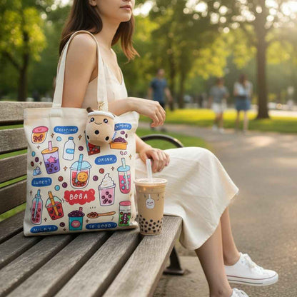 Cream Boba Tote Bag – Cute Gift with Keychain & Enamel Pin