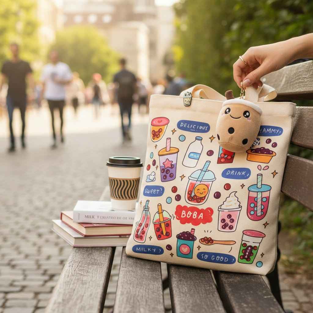 Cream Boba Tote Bag – Cute Gift with Keychain & Enamel Pin