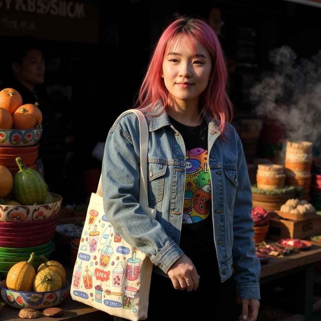 Cream Boba Tote Bag – Cute Gift with Keychain & Enamel Pin